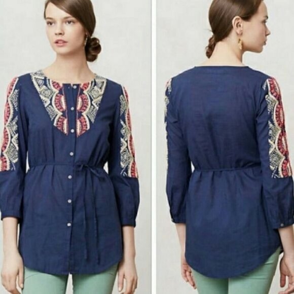 Athropologie Hei Hei Embroidered Button Down Blouse 2 Womens Blue - Picture 1 of 9